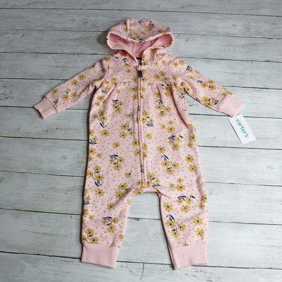 Carter's Baby Girl Hoodie Jumpsuit Romper Size 18 Months Floral Coverall - Picture 3 of 7